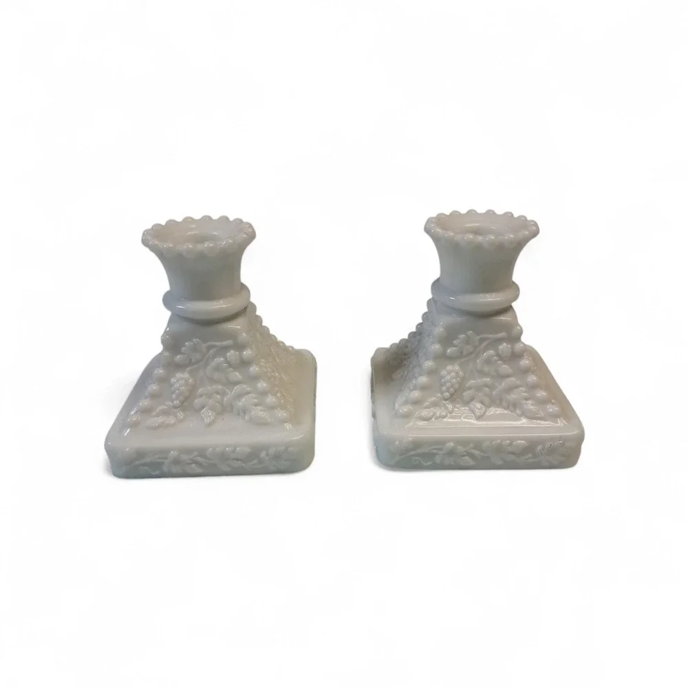 Milk Glass Candle Holders Grapevine Hobnail Square